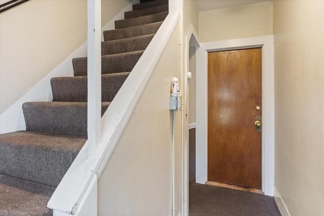 stairs featuring baseboards and carpet floors