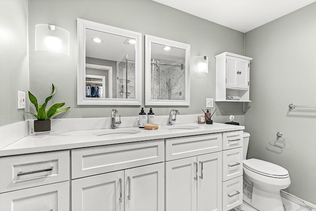 280 W 5th St Unit 101, Boston, MA 02127 - bathroom featuring double vanity, an enclosed shower, recessed lighting, and marble finish flooring