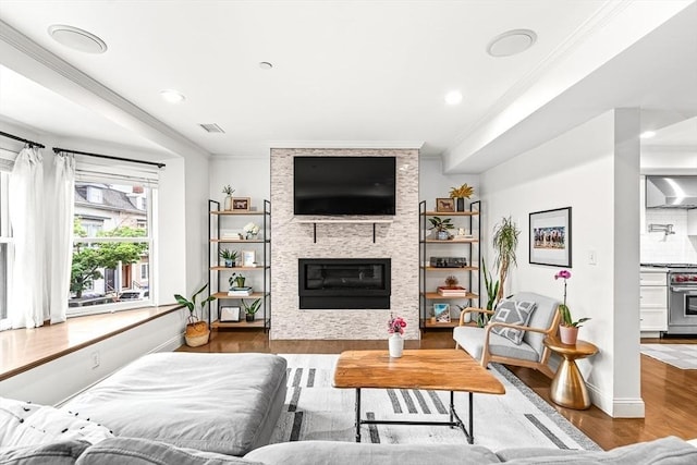 280 W 5th St Unit 101, Boston, MA 02127 - living room featuring wood finished floors, ornamental molding, a large fireplace, and recessed lighting