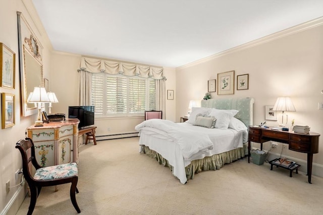 228 Allandale Rd Unit 1A, Boston, MA 02467 - carpeted bedroom featuring crown molding, baseboards, and a baseboard radiator