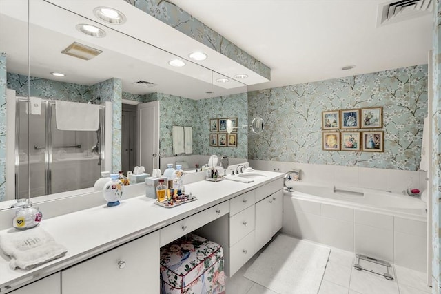 228 Allandale Rd Unit 1A, Boston, MA 02467 - full bath with a bath, tile patterned flooring, wallpapered walls, vanity, and a shower stall