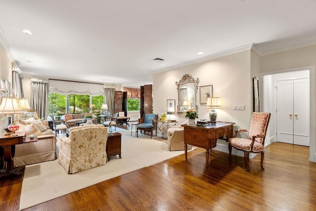 228 Allandale Rd Unit 1A, Boston, MA 02467 - living area with ornamental molding, wood finished floors, and recessed lighting