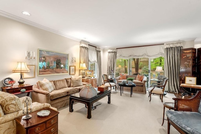 228 Allandale Rd Unit 1A, Boston, MA 02467 - living room featuring light colored carpet and crown molding