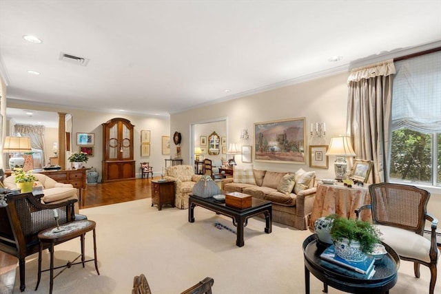 228 Allandale Rd Unit 1A, Boston, MA 02467 - living area featuring ornate columns, crown molding, and recessed lighting
