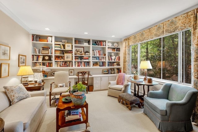 228 Allandale Rd Unit 1A, Boston, MA 02467 - living area with carpet flooring, ornamental molding, and recessed lighting