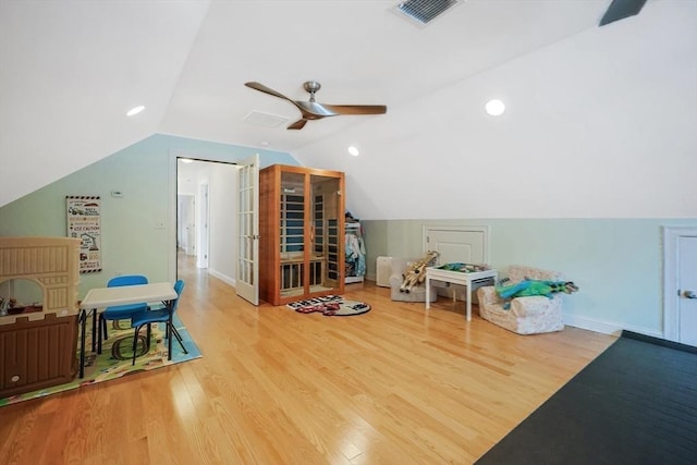 bonus room featuring vaulted ceiling, ceiling fan, and hardwood / wood-style floors