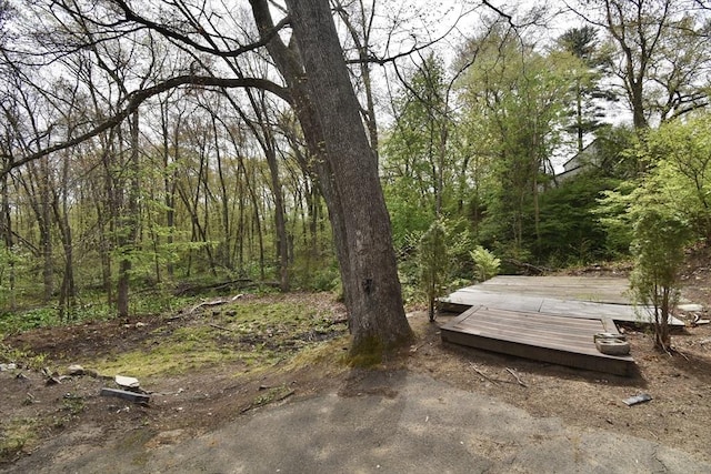 view of yard featuring a view of trees and a deck