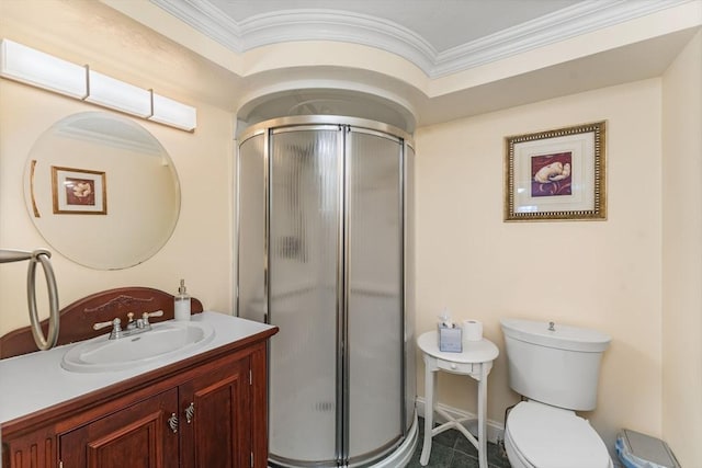 86 Whitney, Northborough, MA 01532 - bathroom featuring crown molding, a stall shower, toilet, and vanity