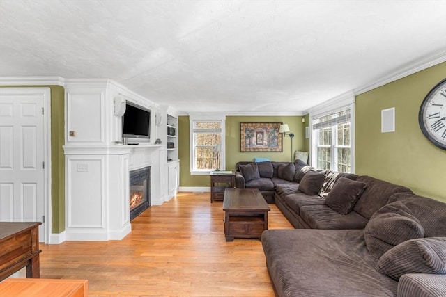 86 Whitney, Northborough, MA 01532 - living room featuring light wood-type flooring, a glass covered fireplace, crown molding, built in shelves, and baseboards