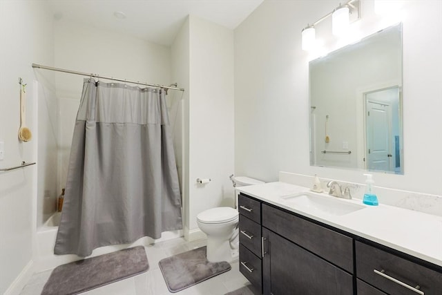 bathroom featuring toilet, vanity, baseboards, shower / bathtub combination with curtain, and tile patterned floors