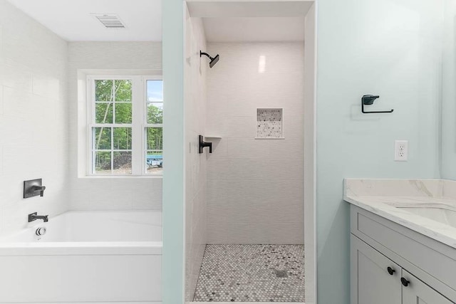 20 Sperry Ln, North Attleboro, MA 02760 - bathroom featuring tiled shower, a garden tub, and vanity