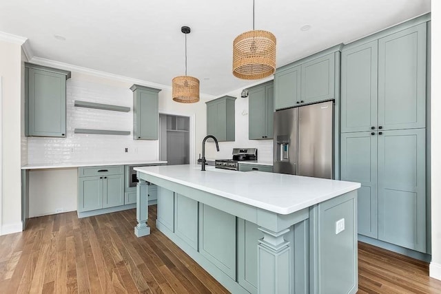 20 Sperry Ln, North Attleboro, MA 02760 - kitchen featuring stainless steel appliances, backsplash, open shelves, light countertops, and dark wood-style flooring
