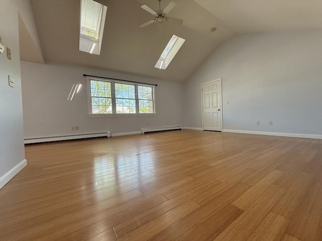 56 Center St Unit 2-3, Dennis, MA 02639 - spare room with a skylight, a baseboard heating unit, baseboard heating, high vaulted ceiling, and ceiling fan