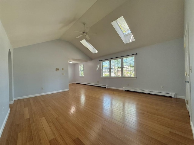 56 Center St Unit 2-3, Dennis, MA 02639 - unfurnished room featuring a baseboard radiator, a skylight, a ceiling fan, light wood-type flooring, and high vaulted ceiling