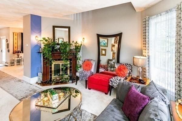 117 Church St Unit 4, North Attleboro, MA 02760 - living room with carpet floors, a glass covered fireplace, and a wealth of natural light