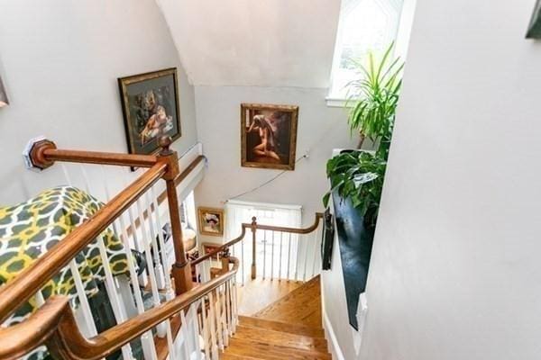 117 Church St Unit 4, North Attleboro, MA 02760 - stairway featuring a healthy amount of sunlight, lofted ceiling, and wood finished floors