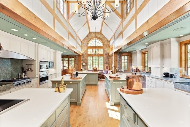 kitchen with hanging light fixtures, backsplash, appliances with stainless steel finishes, light hardwood / wood-style flooring, and a center island with sink