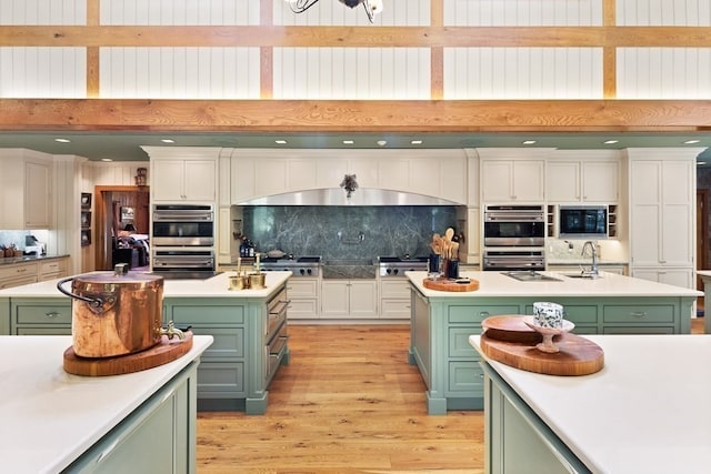 kitchen with appliances with stainless steel finishes, tasteful backsplash, green cabinetry, and an island with sink