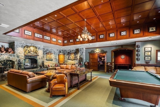 game room featuring coffered ceiling, carpet floors, a fireplace, billiards, and wood ceiling