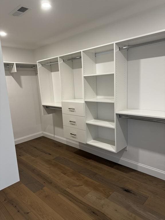 spacious closet with dark wood-type flooring