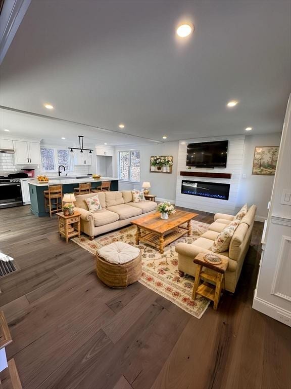 living room with dark hardwood / wood-style flooring, a fireplace, and sink