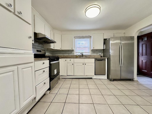 kitchen featuring white cabinets, stainless steel appliances, tasteful backsplash, and sink