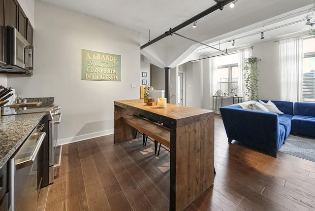 kitchen featuring appliances with stainless steel finishes, dark hardwood / wood-style floors, dark brown cabinets, and a wealth of natural light