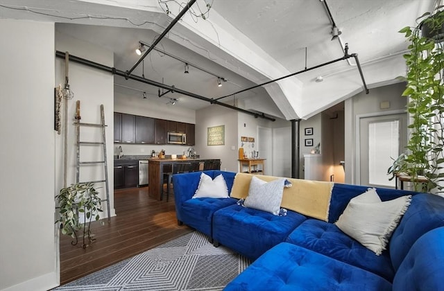 living room featuring hardwood / wood-style floors and track lighting