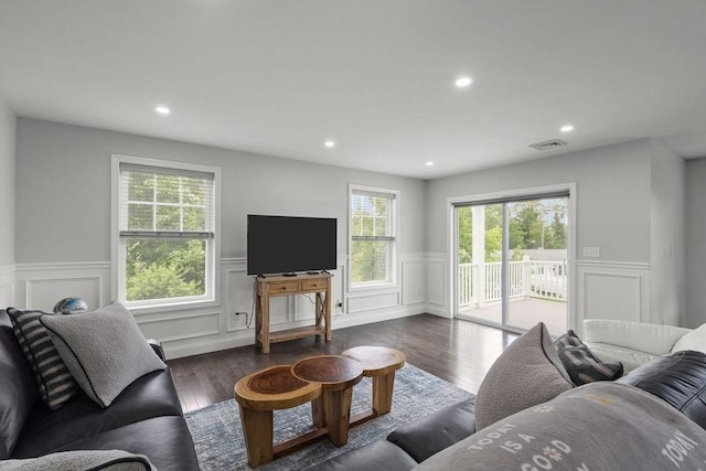 15 Spadina, Warwick, RI 02889 - living area with plenty of natural light, a wainscoted wall, a decorative wall, dark wood finished floors, and recessed lighting