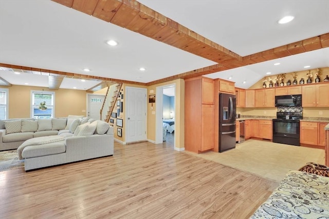 4063 Main St, Palmer, MA 01069 - living room featuring light wood finished floors, stairway, recessed lighting, baseboards, and vaulted ceiling