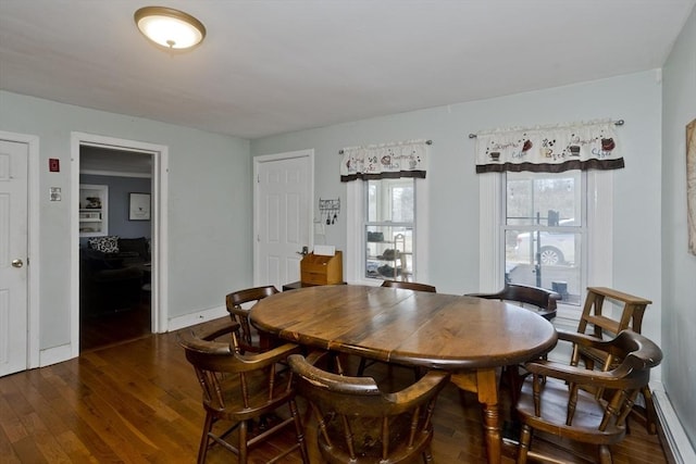 dining room with dark wood-style floors and baseboards