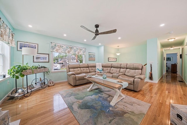 61 Hingham Ave, Marshfield, MA 02050 - living area with light wood-type flooring, ceiling fan, baseboards, and recessed lighting