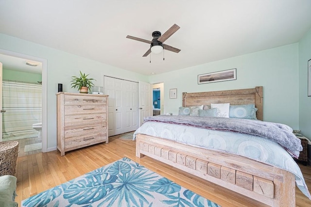 61 Hingham Ave, Marshfield, MA 02050 - bedroom with light wood-style flooring, connected bathroom, a closet, a ceiling fan, and baseboards
