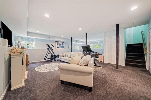 61 Hingham Ave, Marshfield, MA 02050 - living room featuring dark colored carpet, recessed lighting, baseboards, and stairs