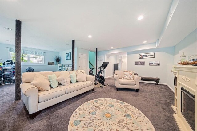 61 Hingham Ave, Marshfield, MA 02050 - living area with carpet flooring, recessed lighting, a fireplace, and baseboards