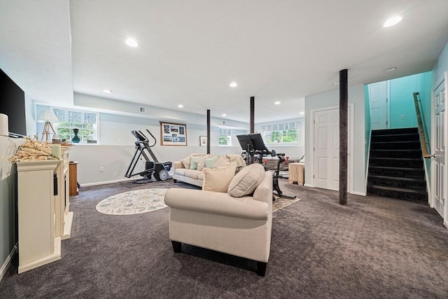 61 Hingham Ave, Marshfield, MA 02050 - living room with dark carpet, recessed lighting, stairway, and baseboards