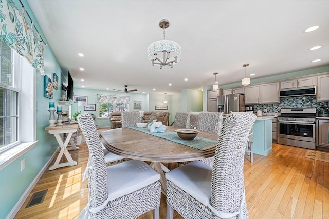 61 Hingham Ave, Marshfield, MA 02050 - dining area with light wood-style flooring, ceiling fan, a chandelier, recessed lighting, and baseboards