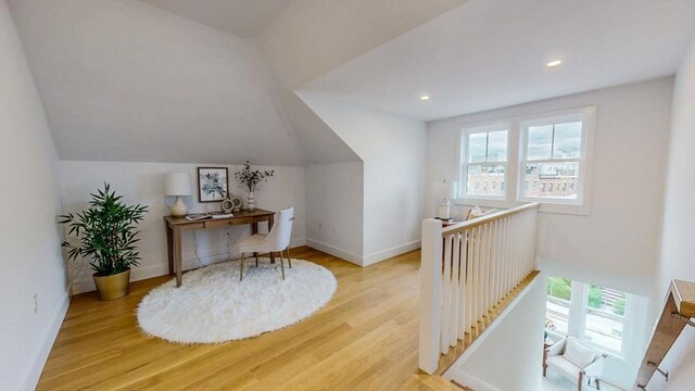 140 Columbia St, Brookline, MA 02446 - office space with wood finished floors, baseboards, vaulted ceiling, and recessed lighting