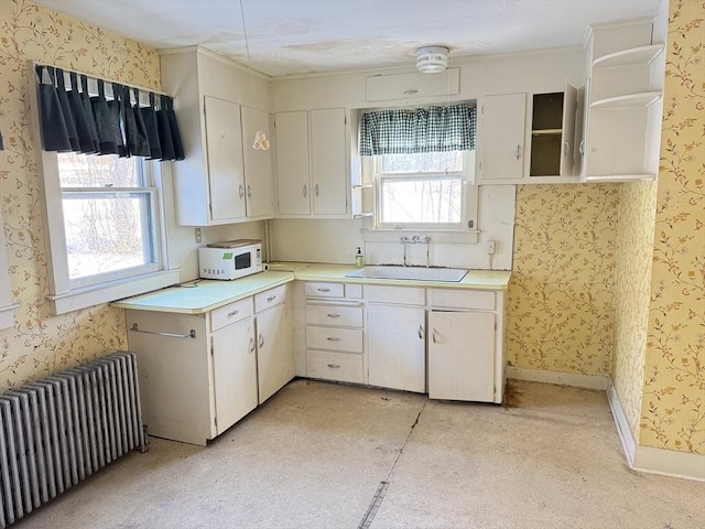 kitchen with radiator, sink, and white cabinets