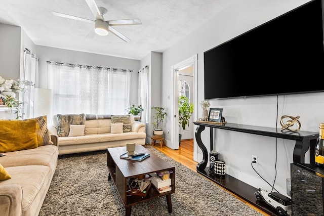 living room featuring light wood finished floors and a ceiling fan