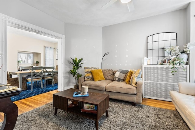living area featuring wood finished floors and a ceiling fan
