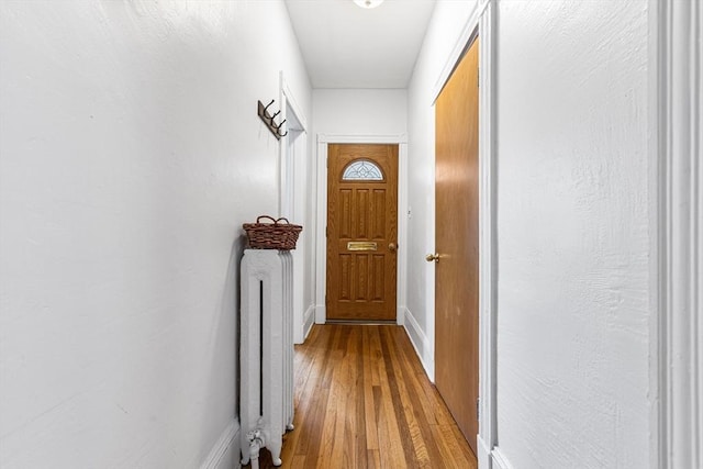 doorway to outside featuring light wood-style flooring, radiator heating unit, and baseboards
