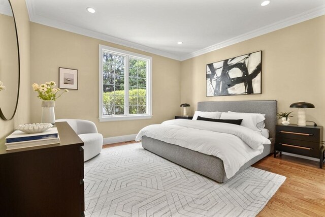 22 Scotney, Newton, MA 02467 - bedroom with light wood-style flooring, recessed lighting, and crown molding