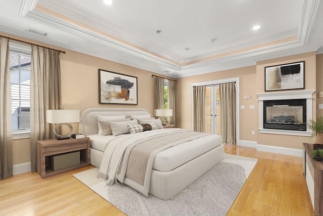 22 Scotney, Newton, MA 02467 - bedroom featuring a tray ceiling, crown molding, light wood finished floors, a multi sided fireplace, and recessed lighting