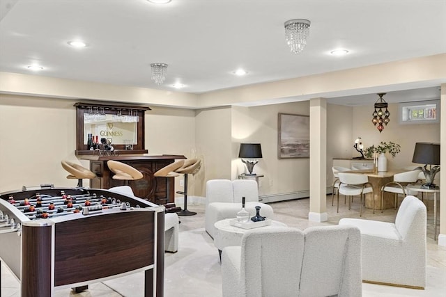 22 Scotney, Newton, MA 02467 - recreation room with a bar, a baseboard radiator, and recessed lighting