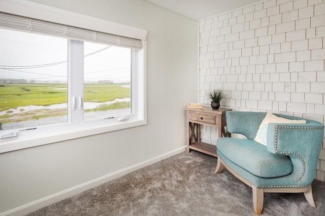 sitting room featuring carpet, baseboards, and tile walls