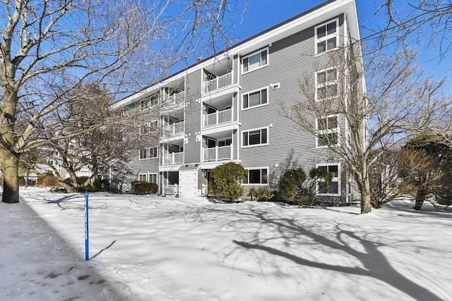 view of snow covered building