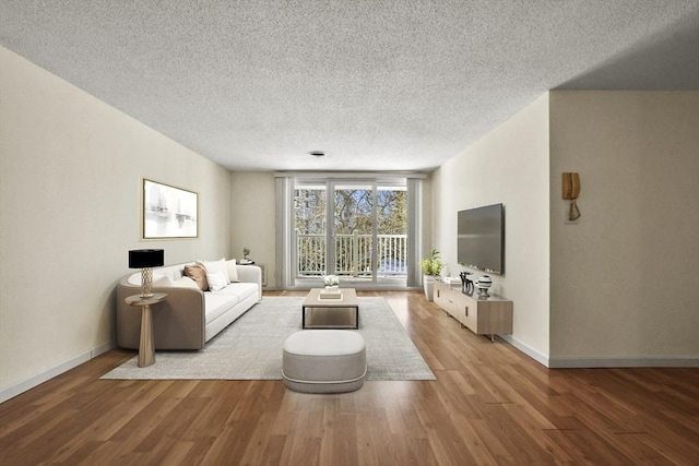 living room featuring baseboards, a textured ceiling, and light wood finished floors