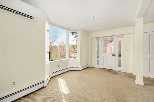 entryway featuring an AC wall unit and light colored carpet