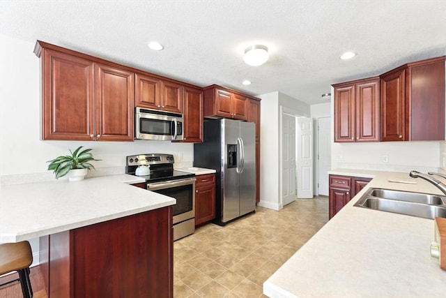 kitchen featuring a sink, stainless steel appliances, a peninsula, and light countertops